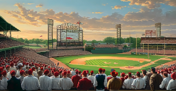 A historic baseball game at Sportsman’s Park featuring early St. Louis Cardinals fans and players, with a sunset backdrop.