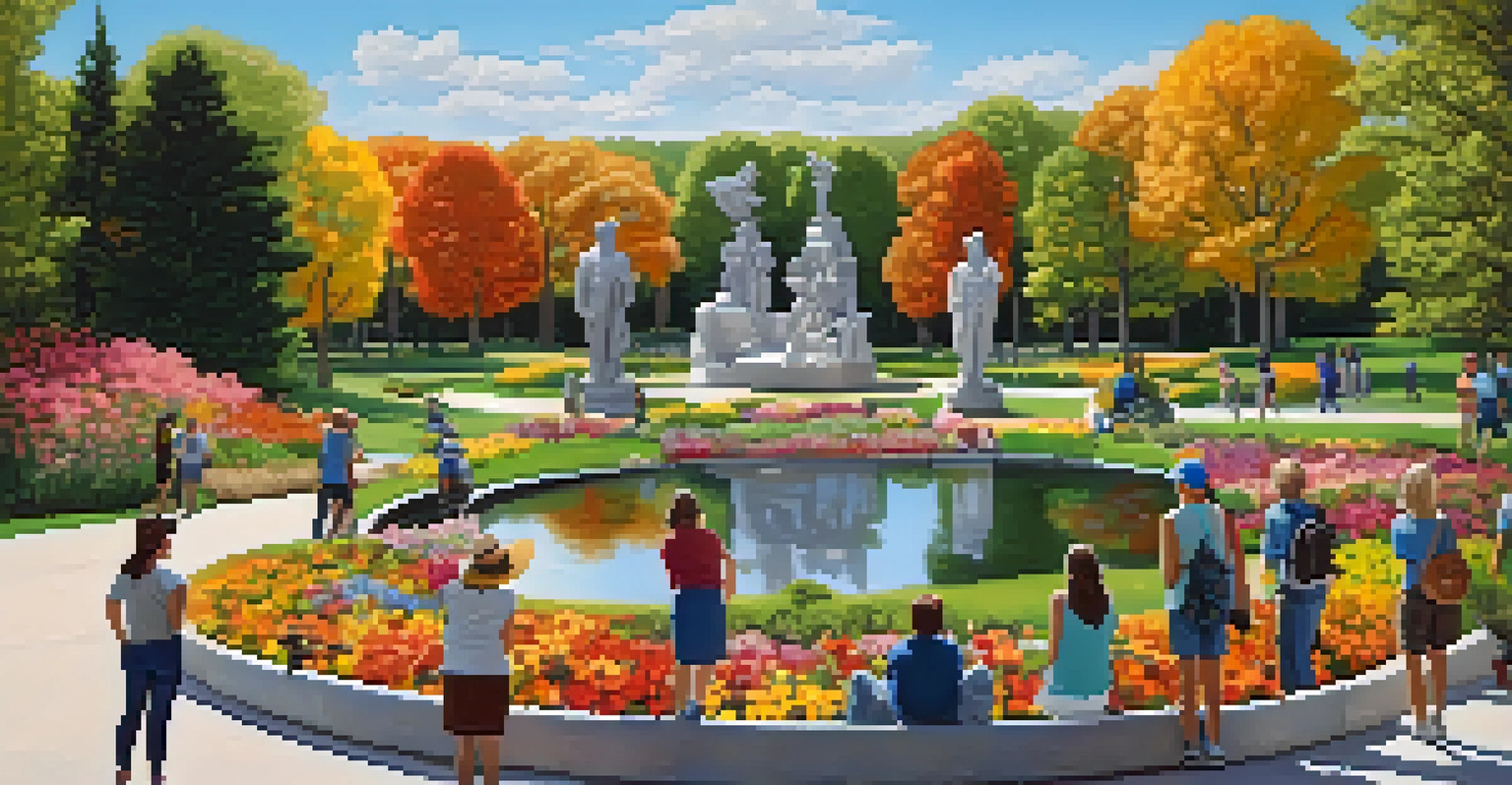 A scene from Laumeier Sculpture Park featuring large sculptures and people interacting with art amidst a beautiful natural setting.