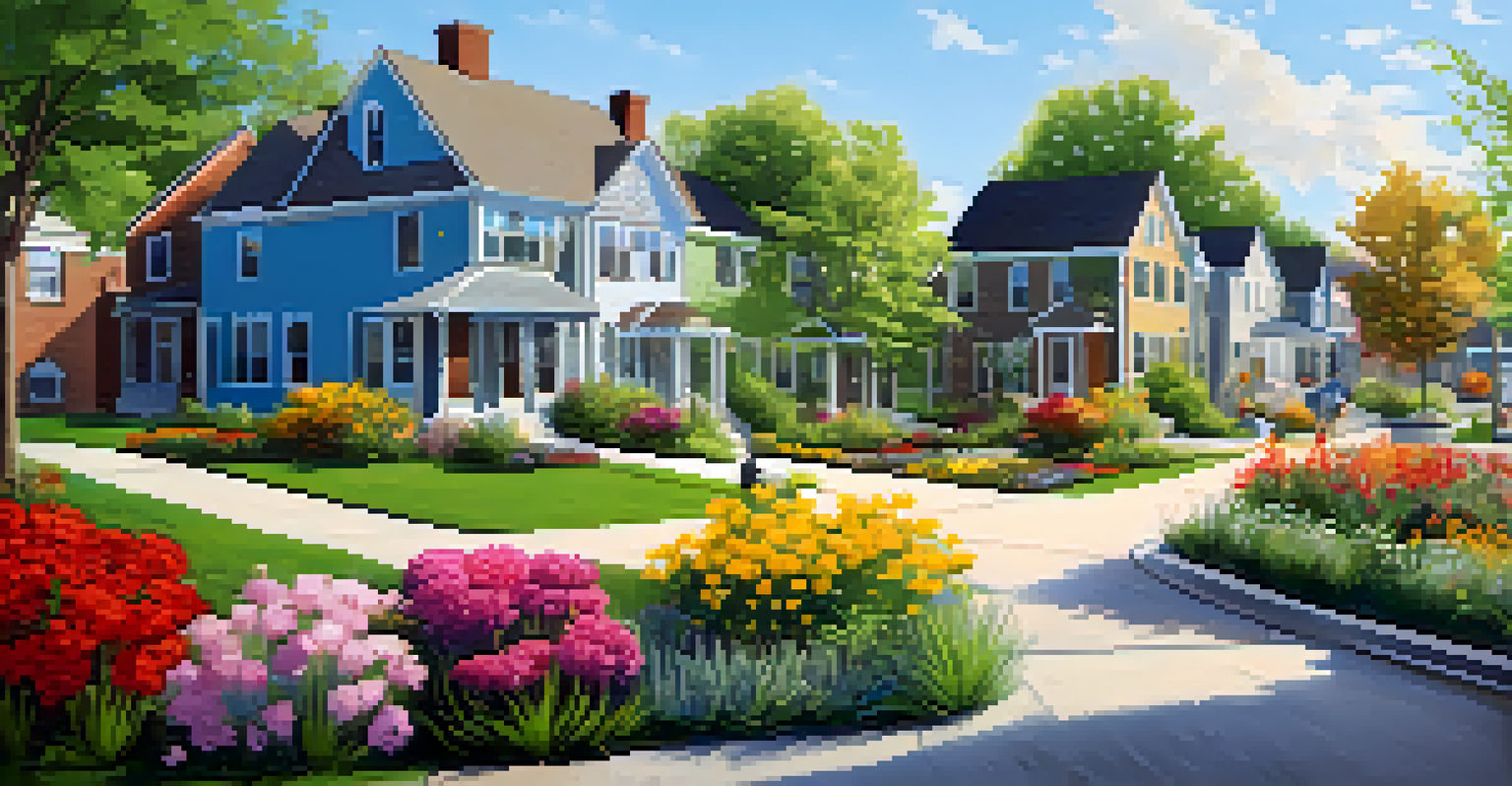 A renovated neighborhood in St. Louis showcasing eco-friendly homes with gardens and families enjoying the outdoors under a clear blue sky.