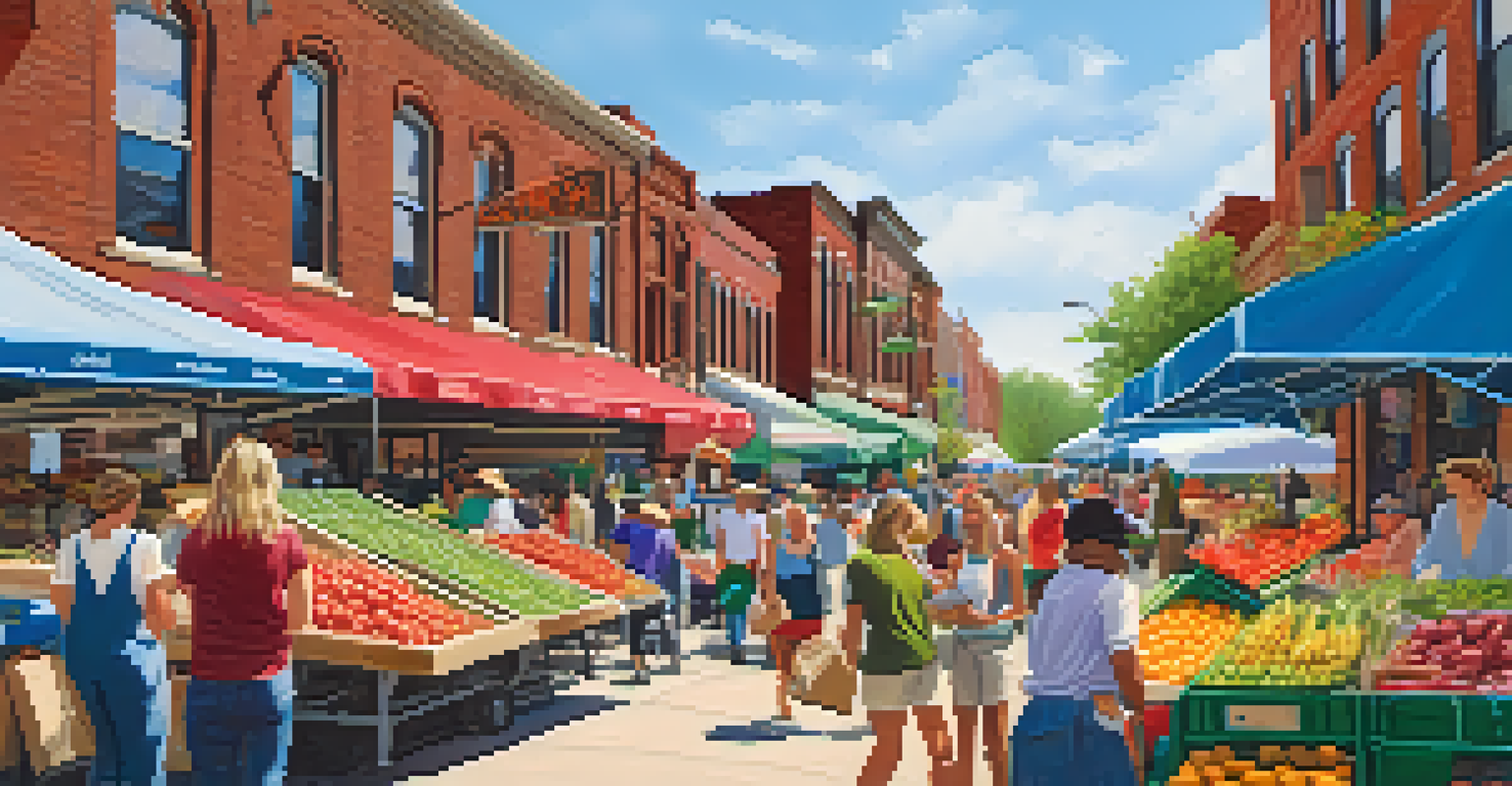 A local market in St. Louis with vibrant stalls selling eco-friendly products and colorful produce, promoting sustainability.