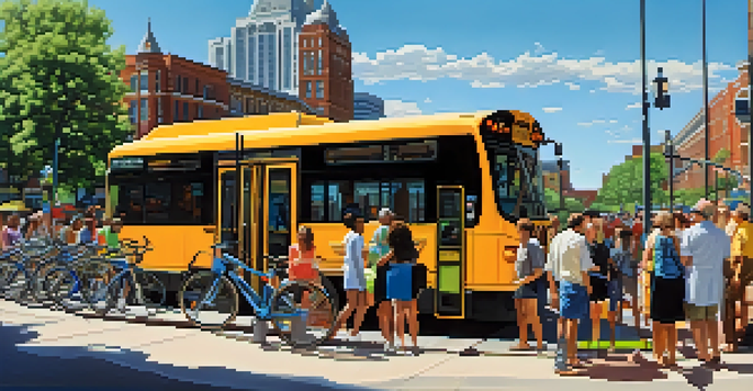 A busy transportation hub in St. Louis with buses, light rail, and bicycles, featuring diverse people and greenery.