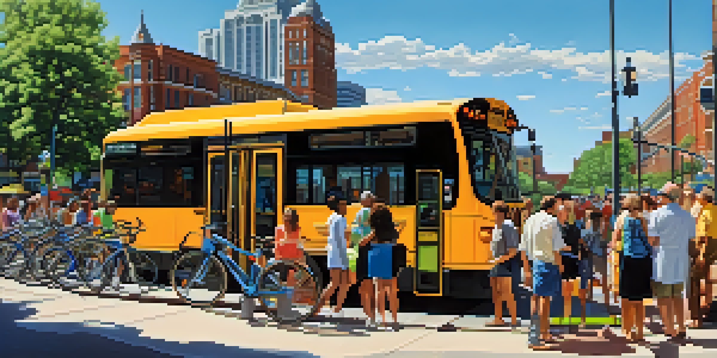 A busy transportation hub in St. Louis with buses, light rail, and bicycles, featuring diverse people and greenery.