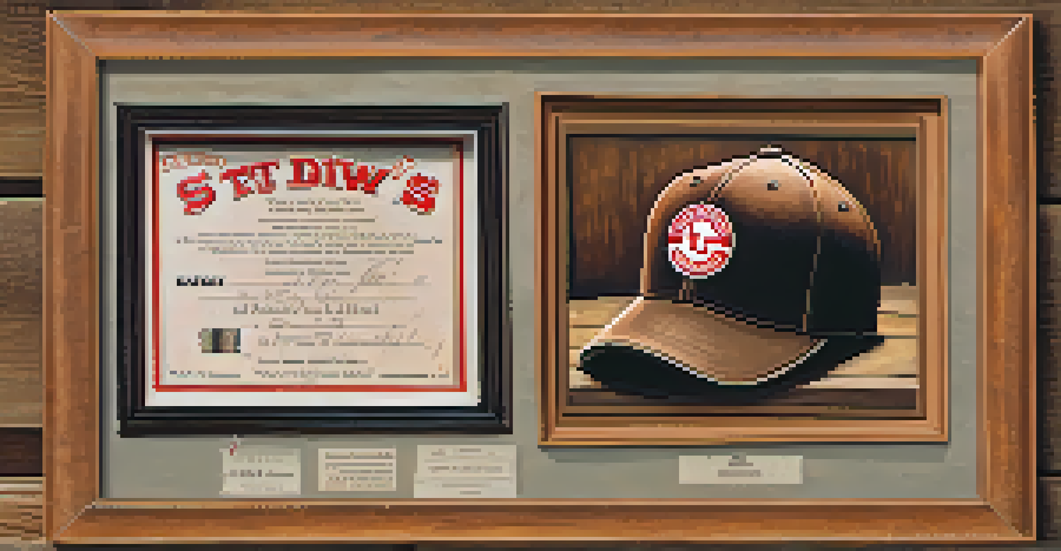 A nostalgic display of memorabilia from the St. Louis Browns, including a vintage baseball glove, cap, and ticket stub against a rustic background.