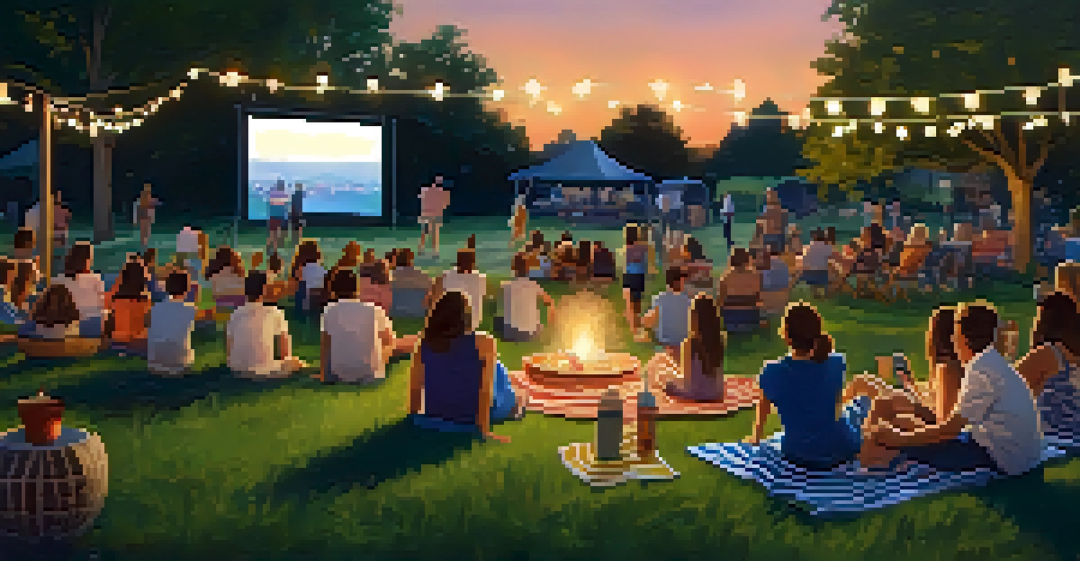 A summer outdoor movie night in a St. Louis park with friends on blankets, a large screen, and twinkling lights in the background.
