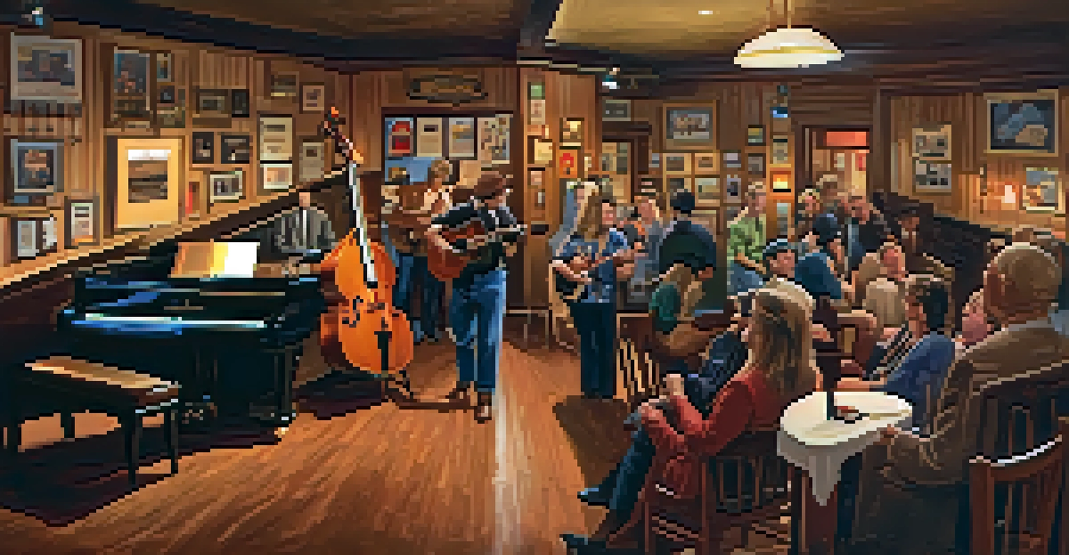 The cozy interior of Blueberry Hill Duck Room with a band performing and vintage memorabilia on the walls.
