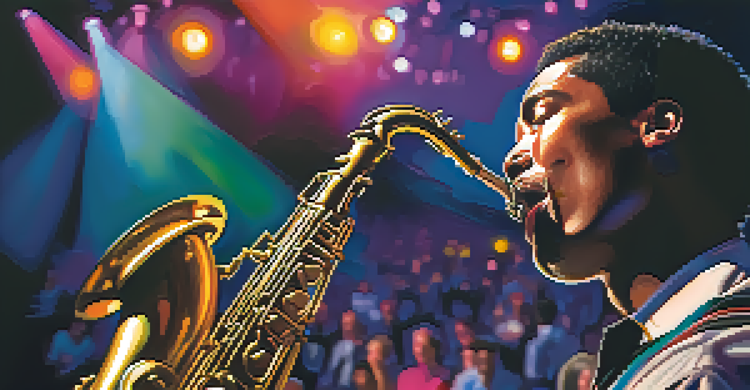 A close-up of a saxophonist playing passionately on stage with colorful lights and a blurred audience.