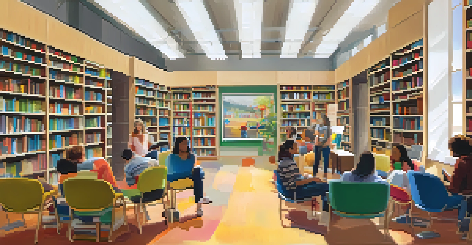 A warm and inviting interior of a local library in St. Louis, with colorful books, a cozy reading nook, and adults participating in a workshop led by a facilitator.