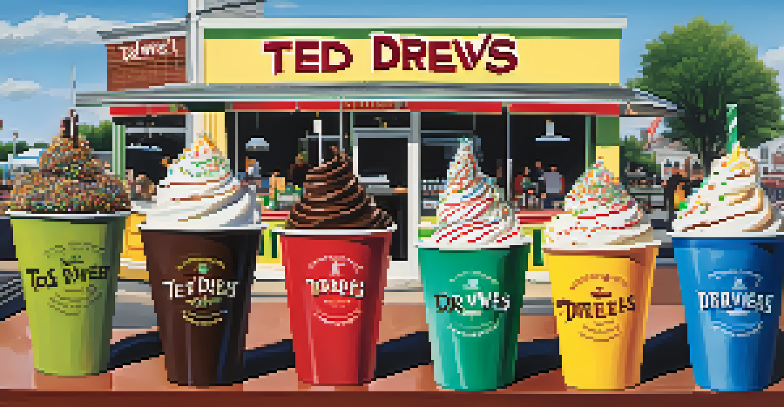 Multiple cups of frozen custard with toppings, set in an outdoor sunny environment with people enjoying desserts.