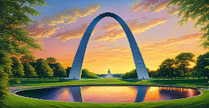 A scenic view of the Gateway Arch in St. Louis during sunset, surrounded by greenery and flowers, with people exploring the area.