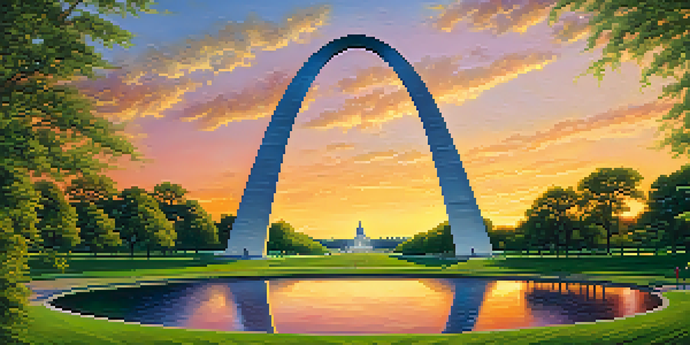 A scenic view of the Gateway Arch in St. Louis during sunset, surrounded by greenery and flowers, with people exploring the area.