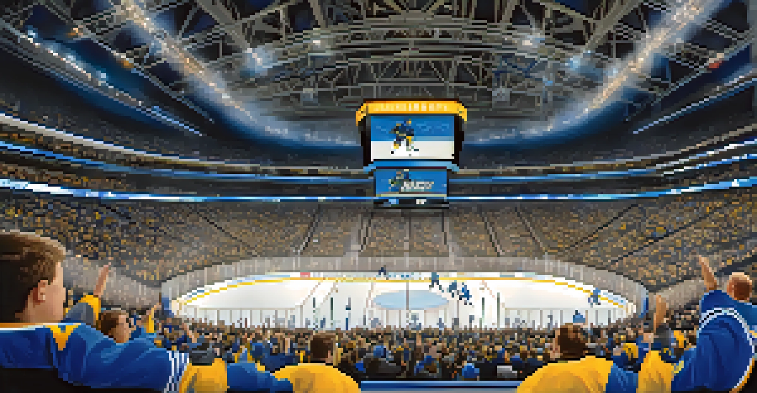 Energetic fans at a St. Louis Blues hockey game, with the mascot Louie engaging children in the stands.