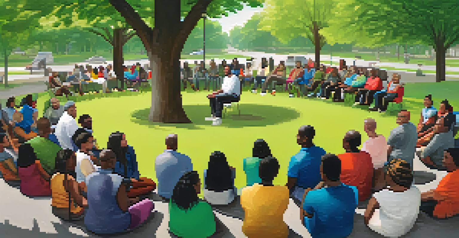 A community forum in a park in St. Louis with diverse residents discussing and engaging in dialogue.