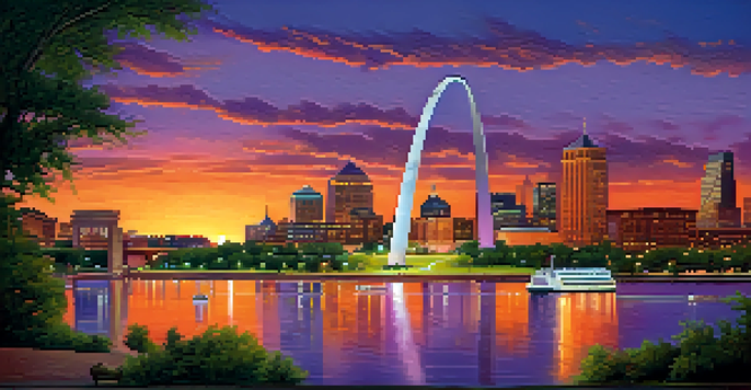 A panoramic view of the Gateway Arch in St. Louis at sunset, with the sky glowing in orange and purple hues and the arch reflecting in the river.