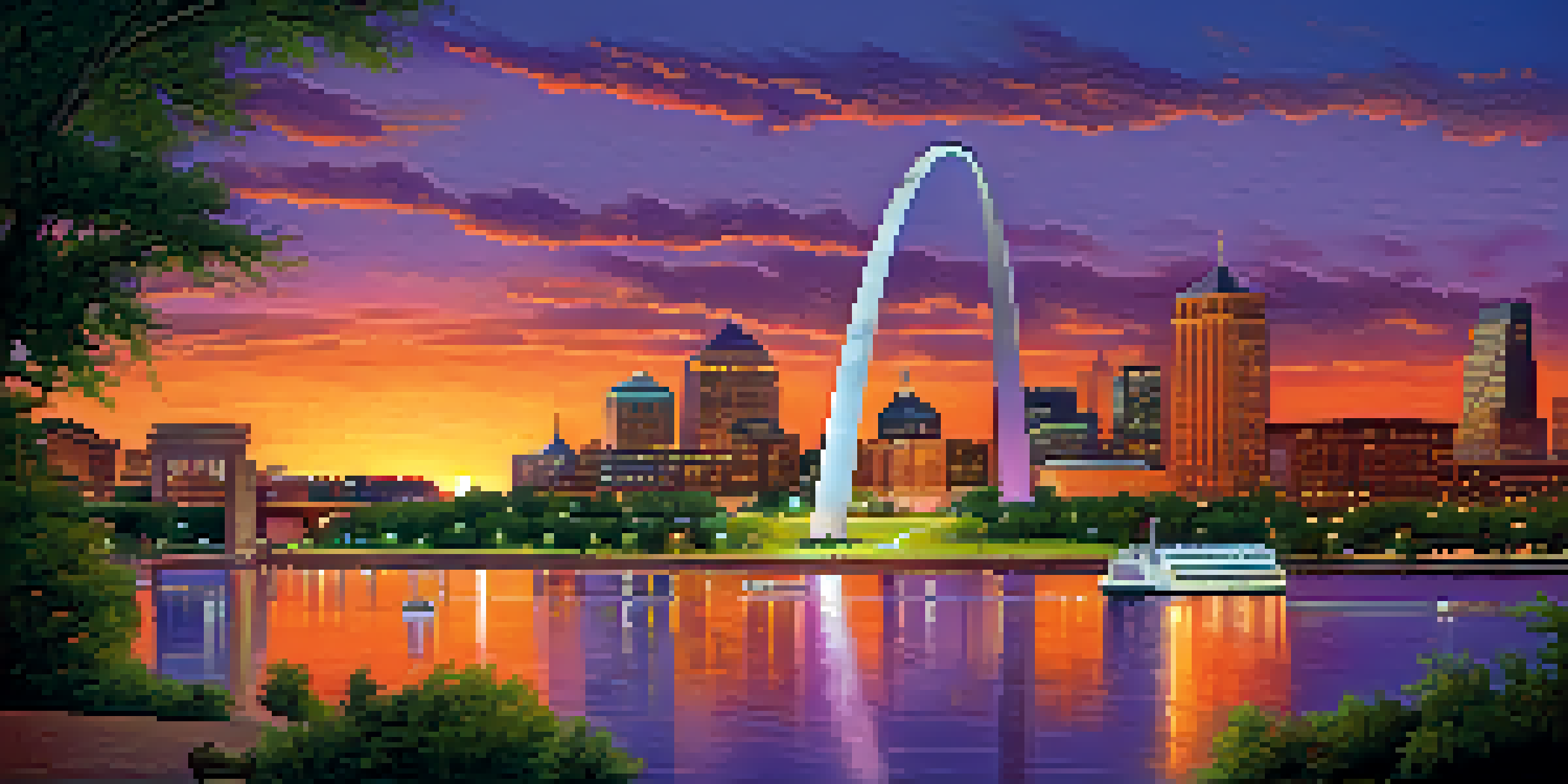 A panoramic view of the Gateway Arch in St. Louis at sunset, with the sky glowing in orange and purple hues and the arch reflecting in the river.