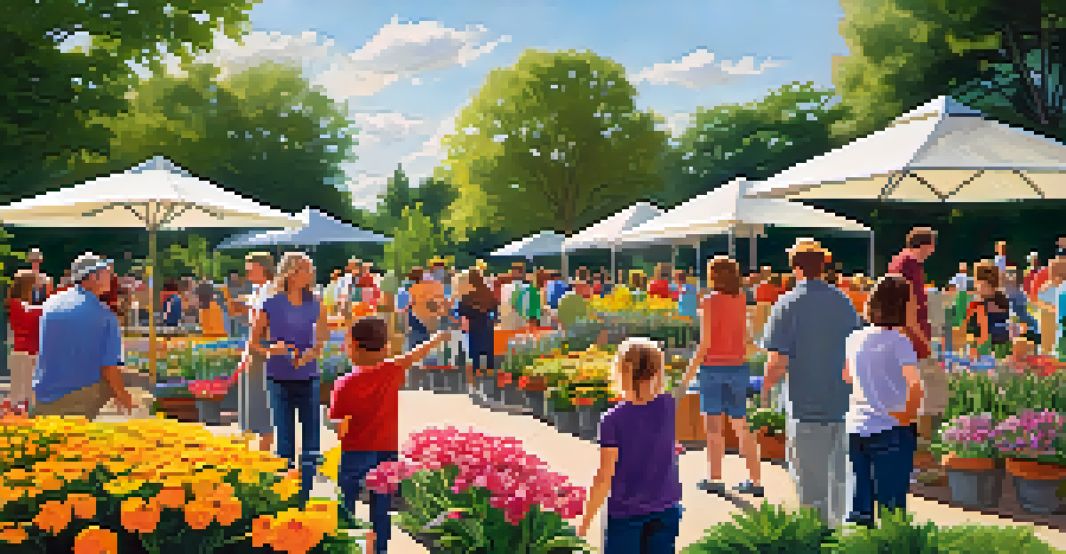 An outdoor community event at the Missouri Botanical Garden with families participating in activities surrounded by colorful flowers.
