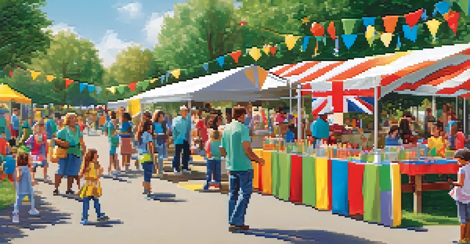 A community event outside a school with parents and organizations setting up booths, children playing, and a festive atmosphere.
