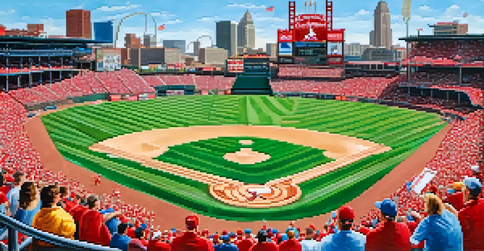 A crowded Busch Stadium filled with enthusiastic St. Louis Cardinals fans in red jerseys, cheering and waving flags, with a blue sky and the St. Louis skyline in the background.