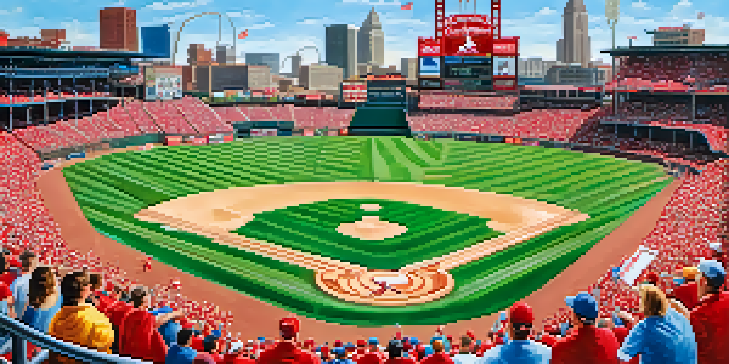 A crowded Busch Stadium filled with enthusiastic St. Louis Cardinals fans in red jerseys, cheering and waving flags, with a blue sky and the St. Louis skyline in the background.