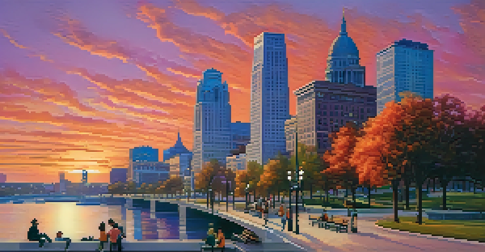 A cityscape of St. Louis with modern skyscrapers and historical buildings, featuring a sunset sky reflected in the Mississippi River.