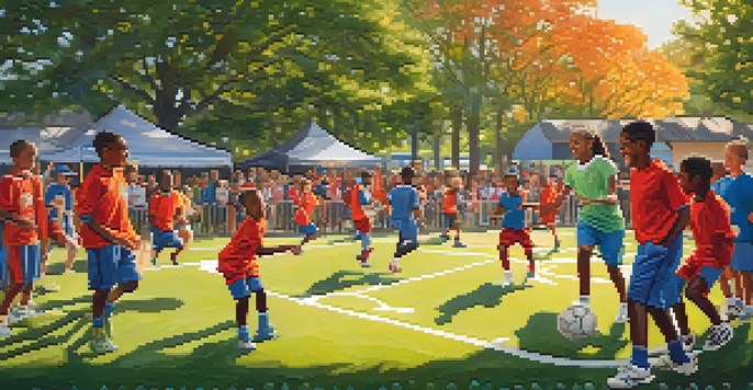 A community sports event with children playing soccer and basketball, surrounded by cheering parents and bright sunlight.