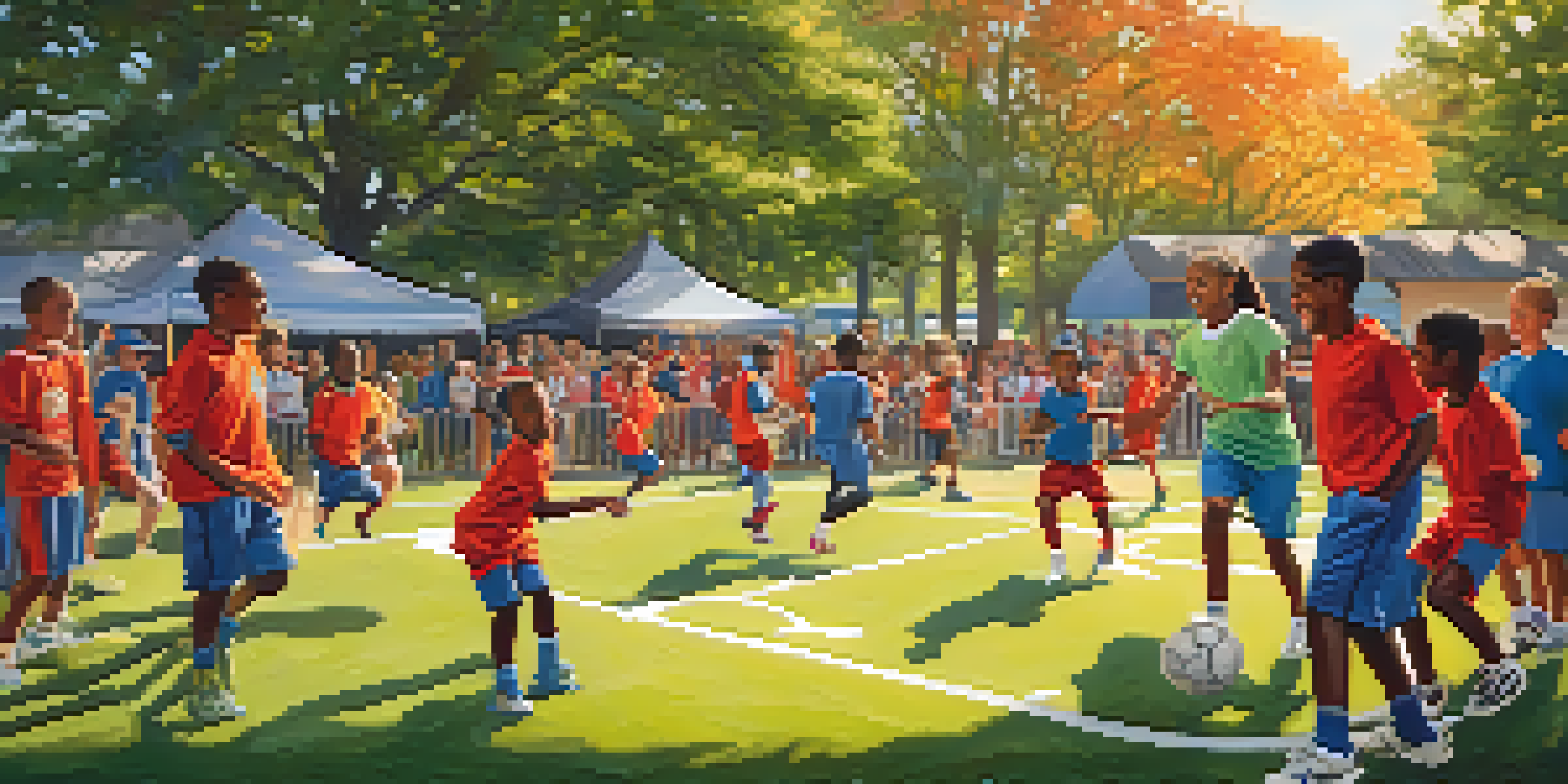 A community sports event with children playing soccer and basketball, surrounded by cheering parents and bright sunlight.