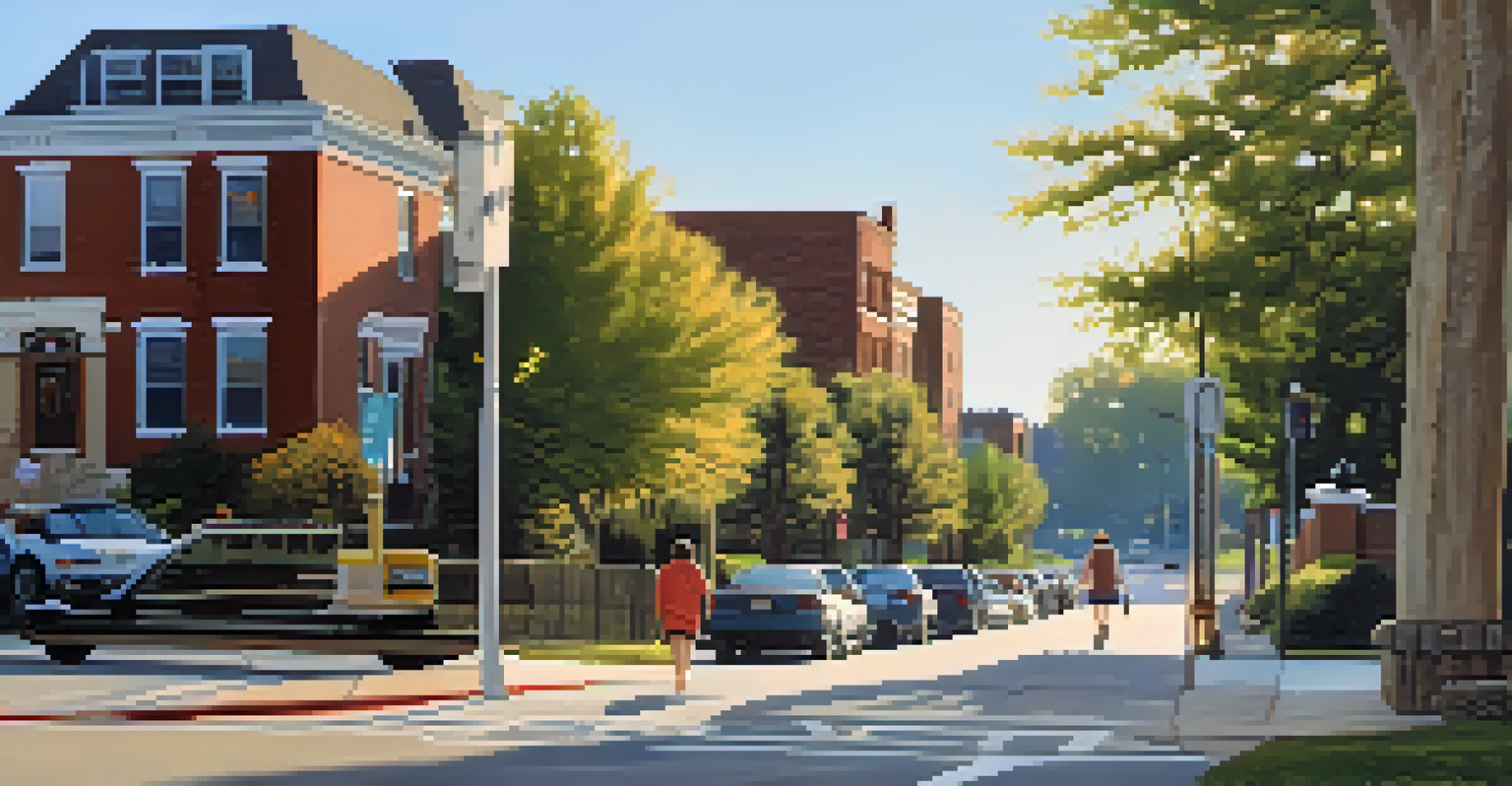 A clear and accessible sidewalk in St. Louis with curb ramps and people walking, including those with mobility aids.