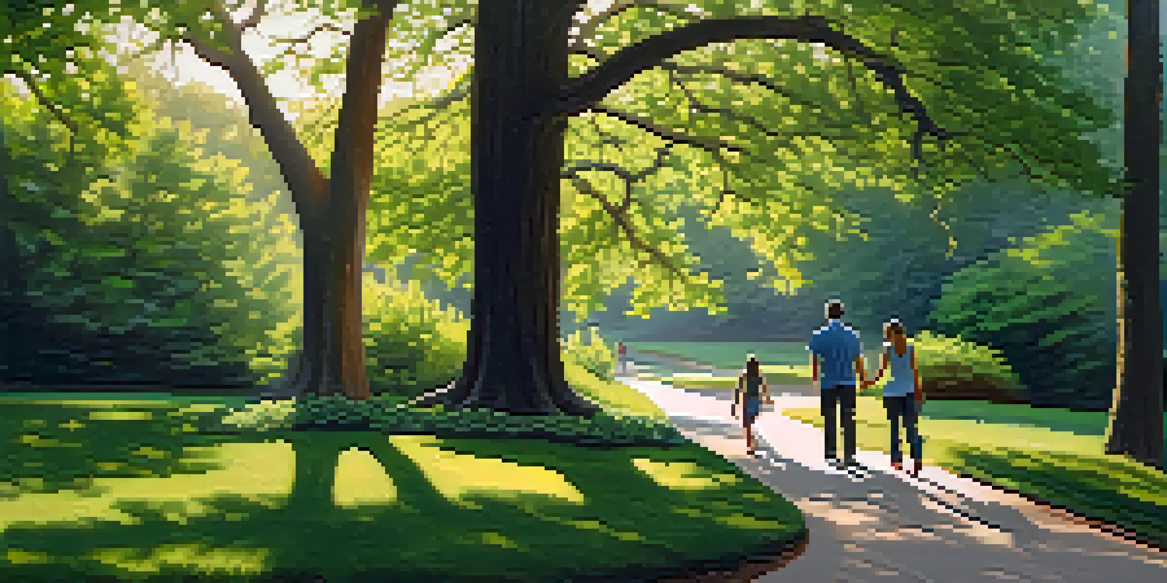 A peaceful scene in Forest Park, showing a couple walking on a trail surrounded by lush trees and soft morning light.