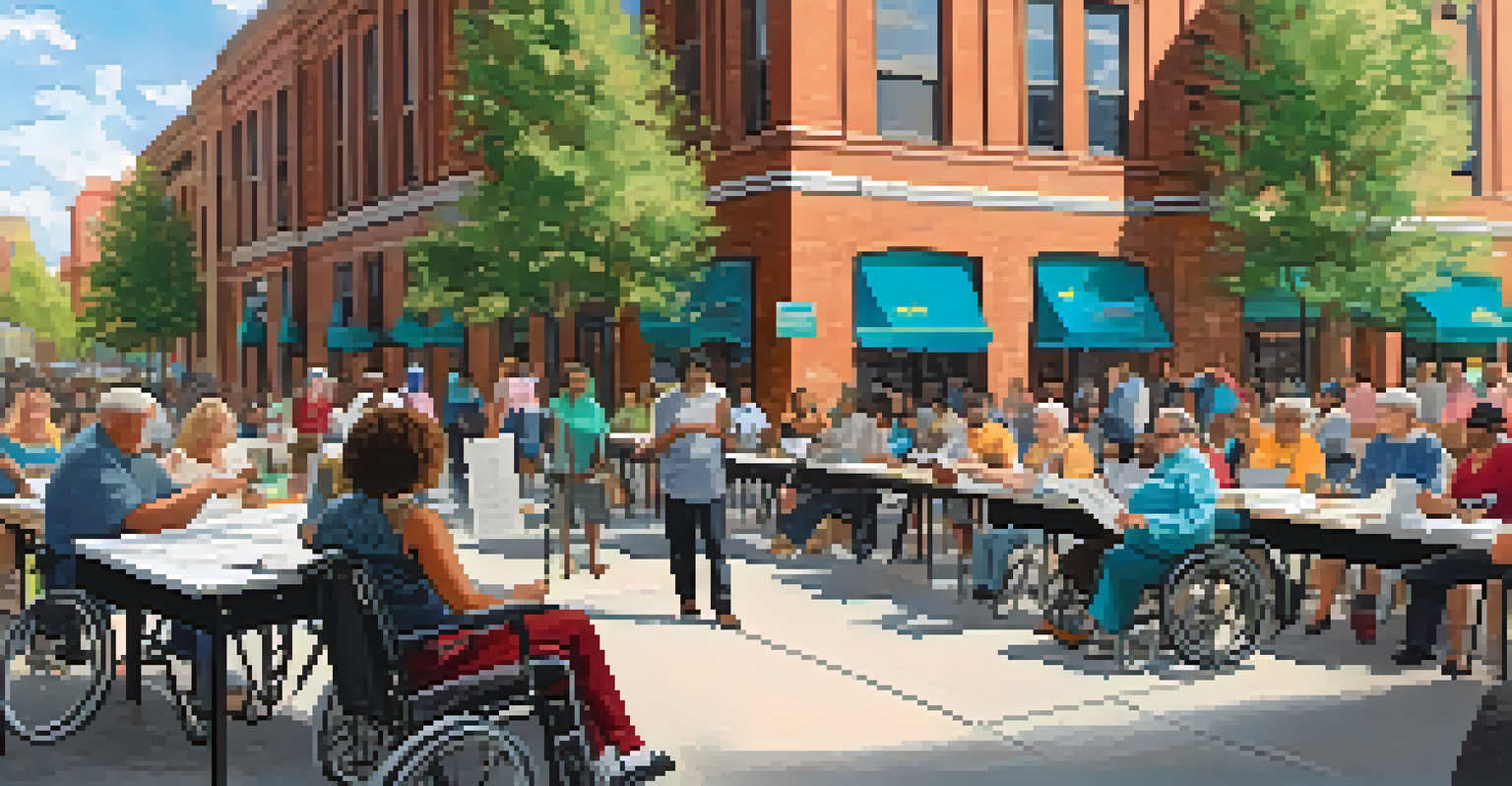 A community forum in St. Louis discussing transportation accessibility, featuring diverse participants and banners promoting inclusivity.