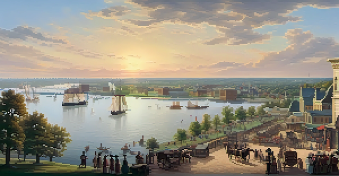 A historical scene of St. Louis along the Mississippi River in the early 1800s, depicting boats, traders, and settlers interacting under a bright sky.