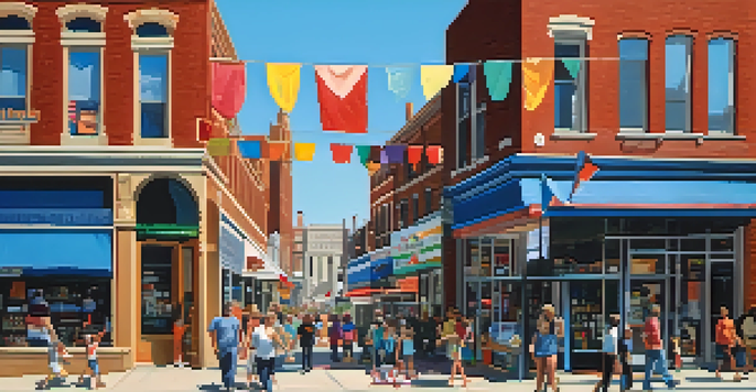A lively street scene in St. Louis featuring various local businesses, with people and children enjoying the day, and the Gateway Arch in the background.