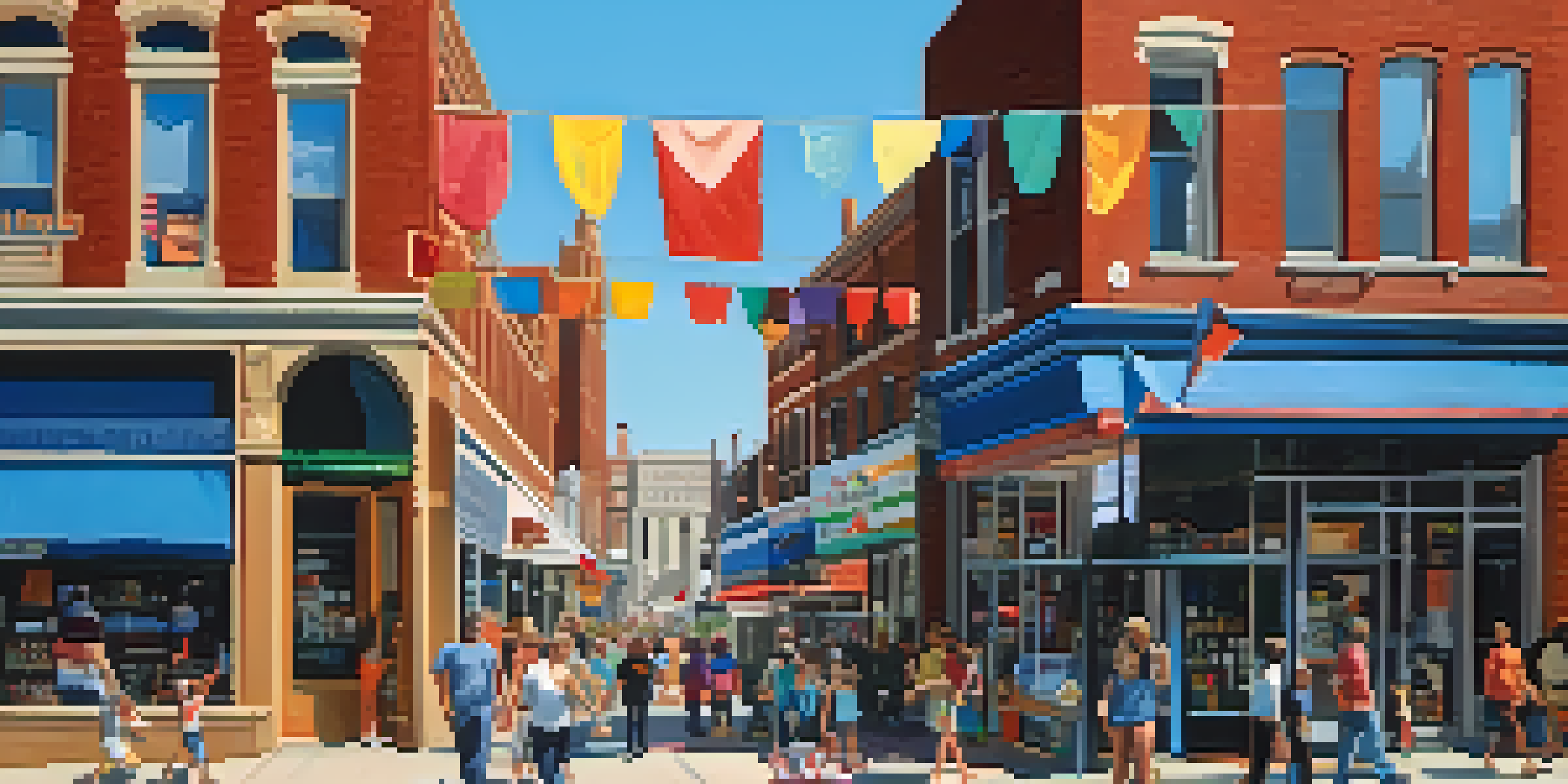 A lively street scene in St. Louis featuring various local businesses, with people and children enjoying the day, and the Gateway Arch in the background.
