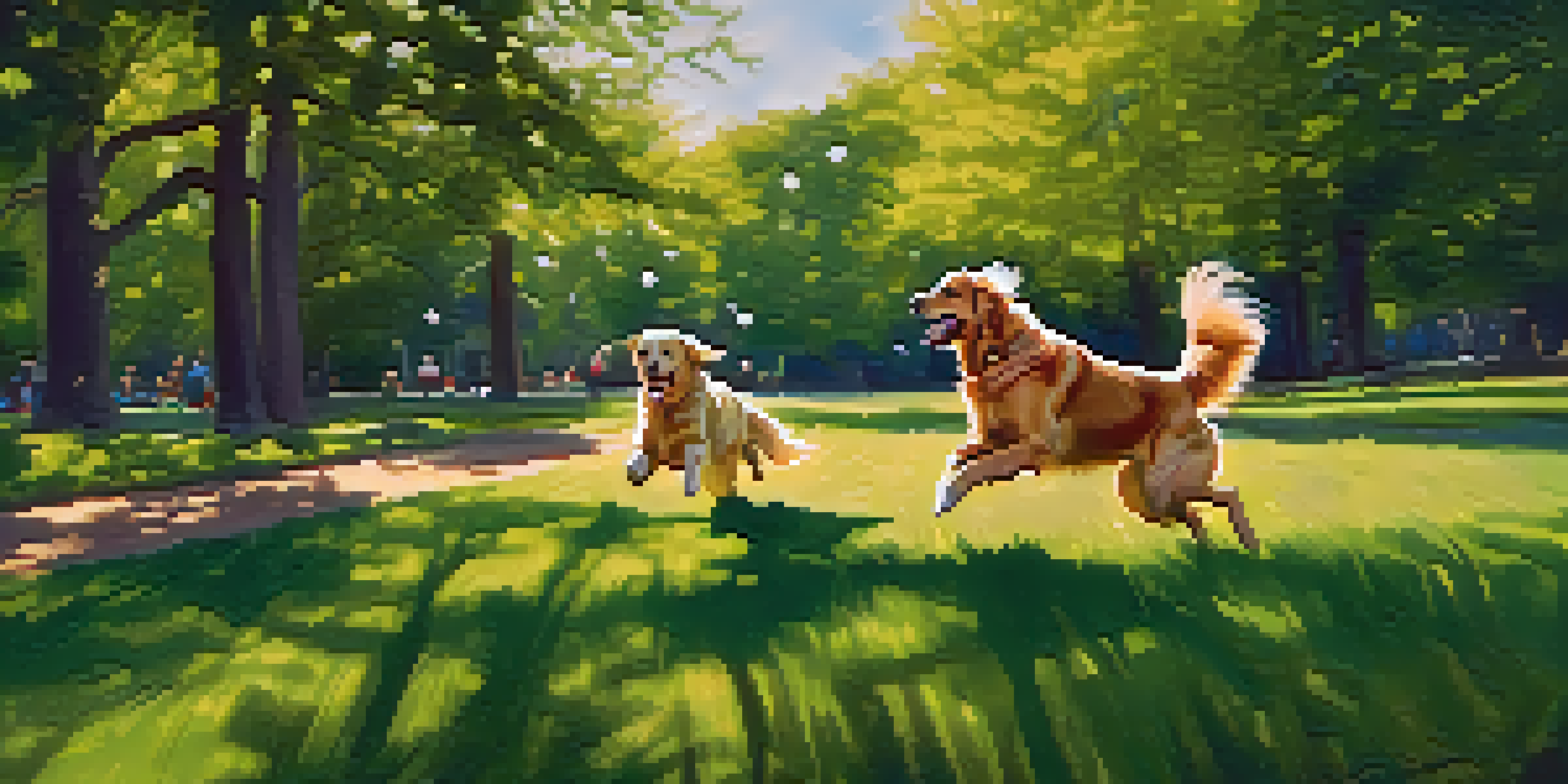 A golden retriever plays in a sunny park, chasing a frisbee on a green field surrounded by trees and happy dogs with their owners.