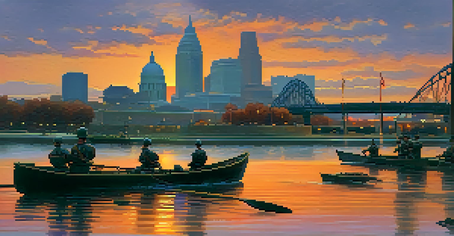 A landscape view of St. Louis by the Mississippi River at sunset, with Union soldiers patrolling the riverbank.