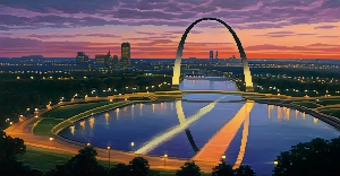 The Gateway Arch illuminated by a colorful sunset, with the Mississippi River in the foreground.