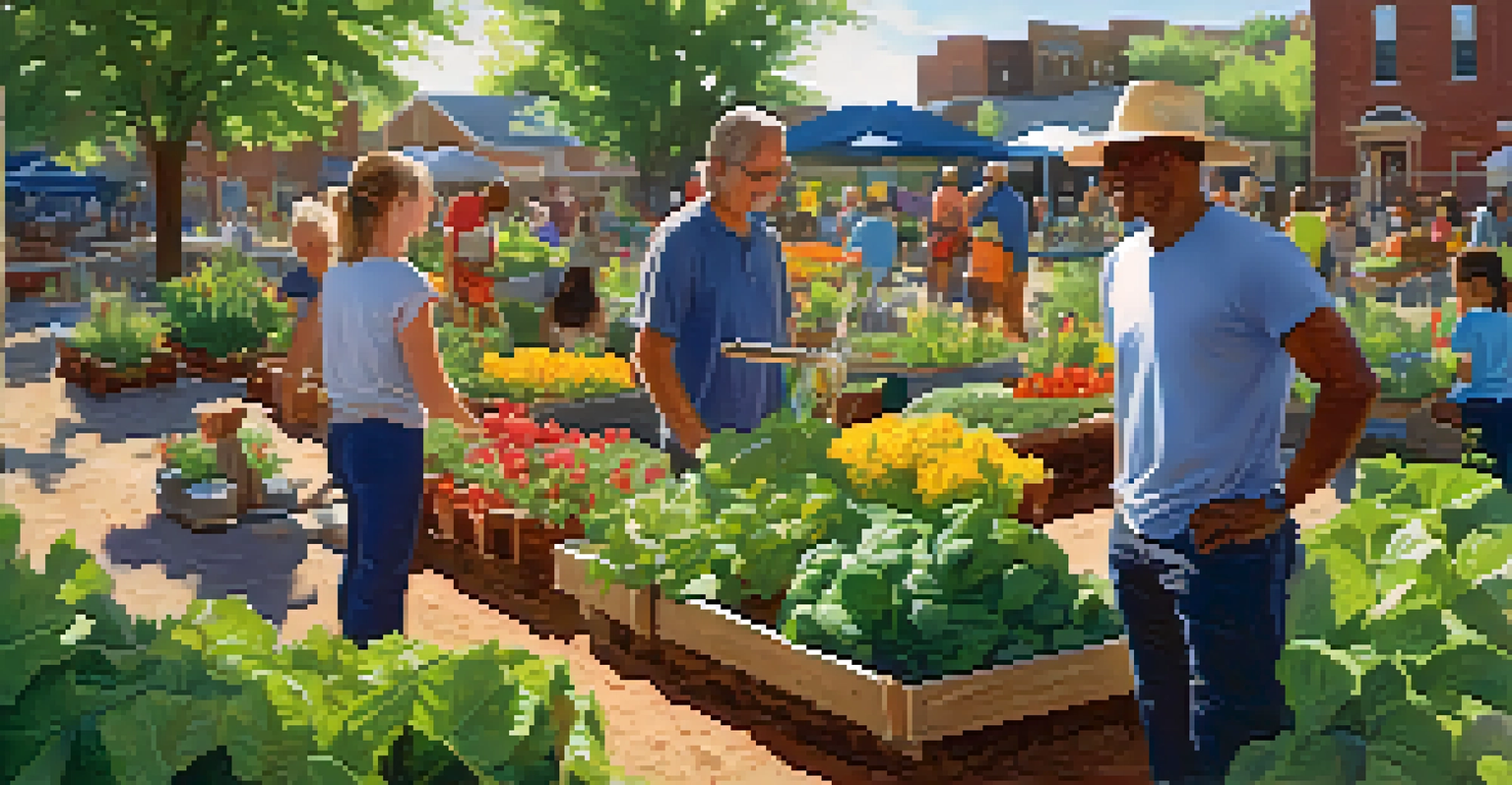A close-up of a community garden in St. Louis with people tending to plants, surrounded by flowers and vegetables under sunlight.