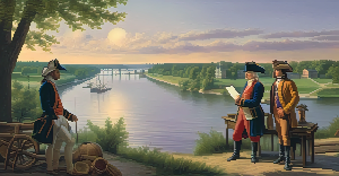 A historical depiction of Pierre Laclède and Auguste Chouteau at the founding of St. Louis, with a sunset over the Mississippi River.