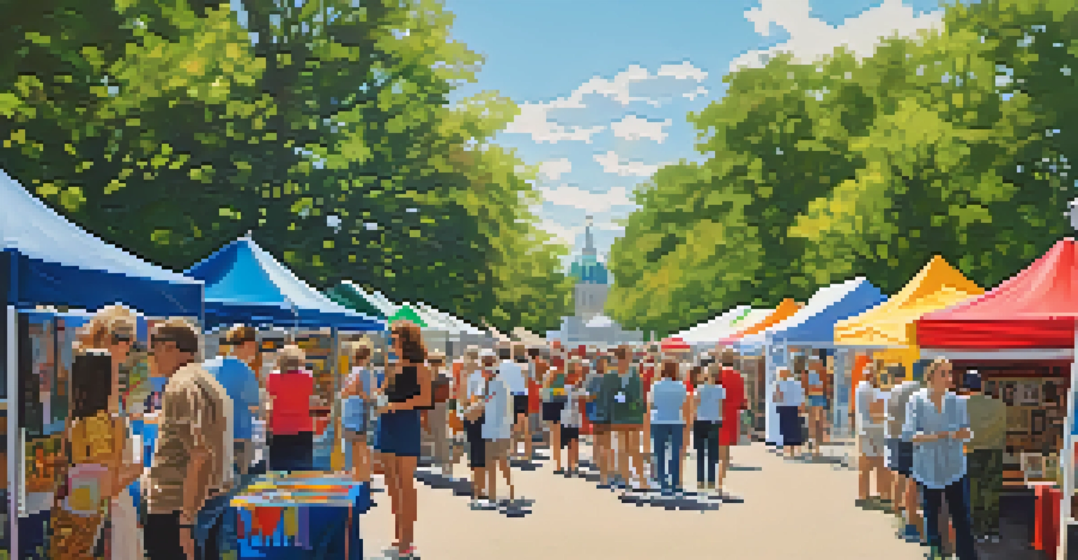 A bustling art fair in a park with local artists and attendees, featuring colorful artwork and children engaged in creative activities.