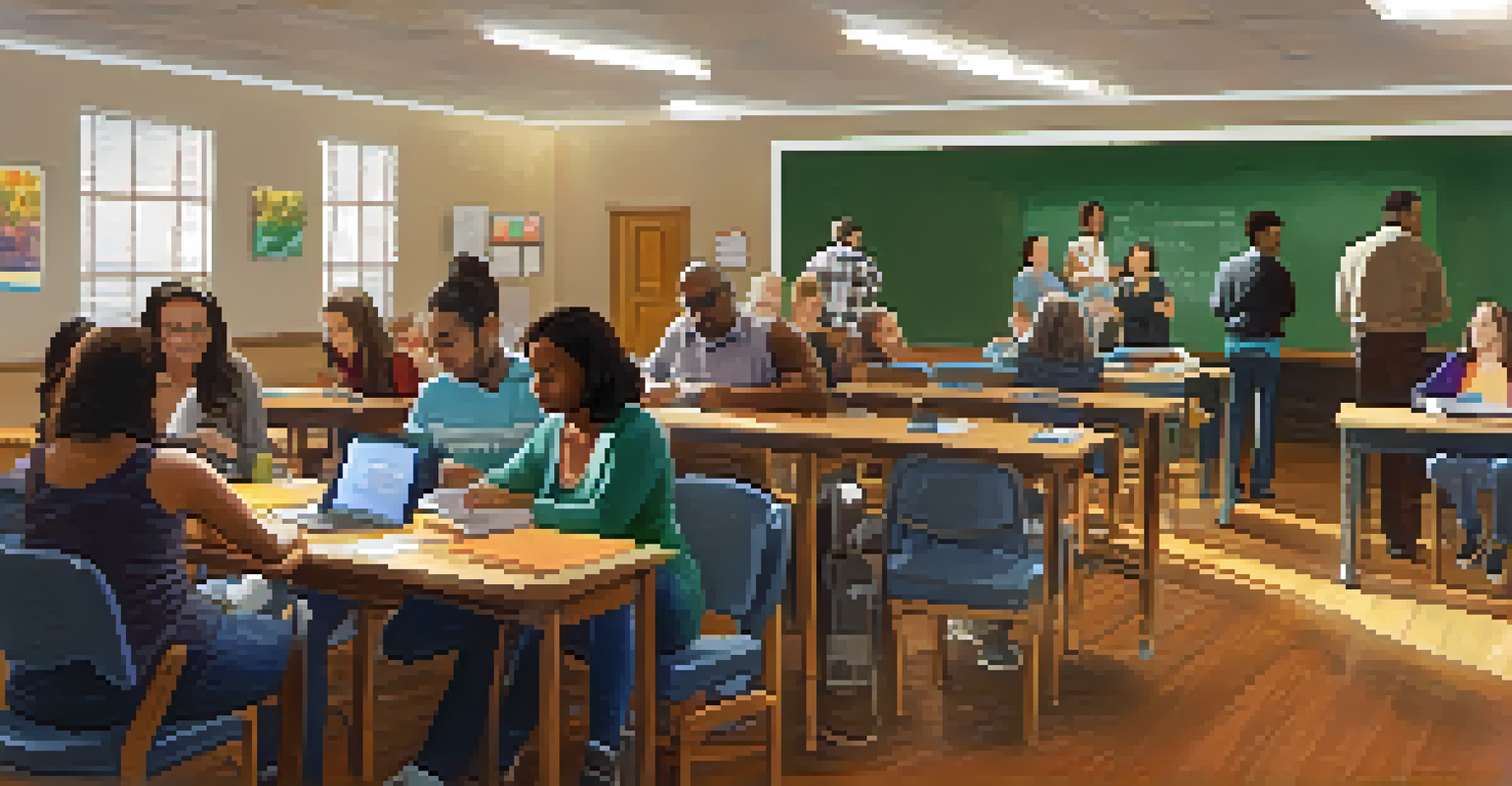 A community center classroom where adults are engaged in a continuing education class with an instructor.
