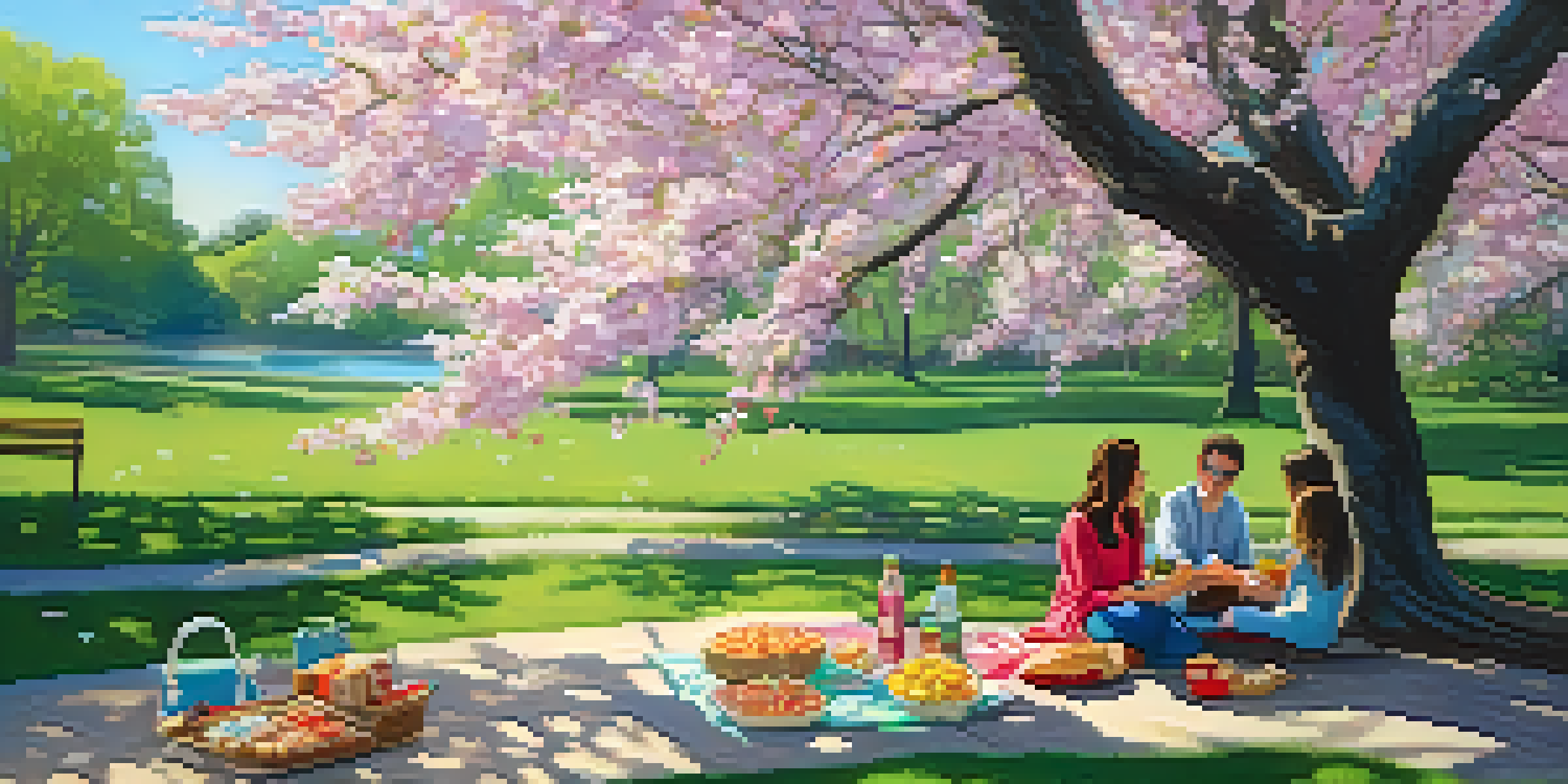A beautiful spring picnic under a blooming cherry blossom tree in Forest Park, St. Louis, with snacks on a blanket and sunlight filtering through the branches.