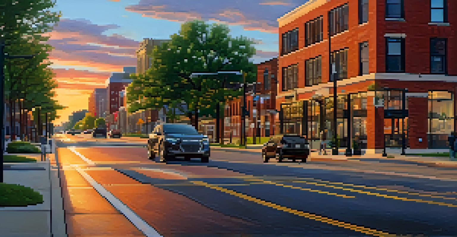 A modern St. Louis cityscape with electric vehicles and bike lanes, featuring traditional and contemporary architecture, under a sunset sky.