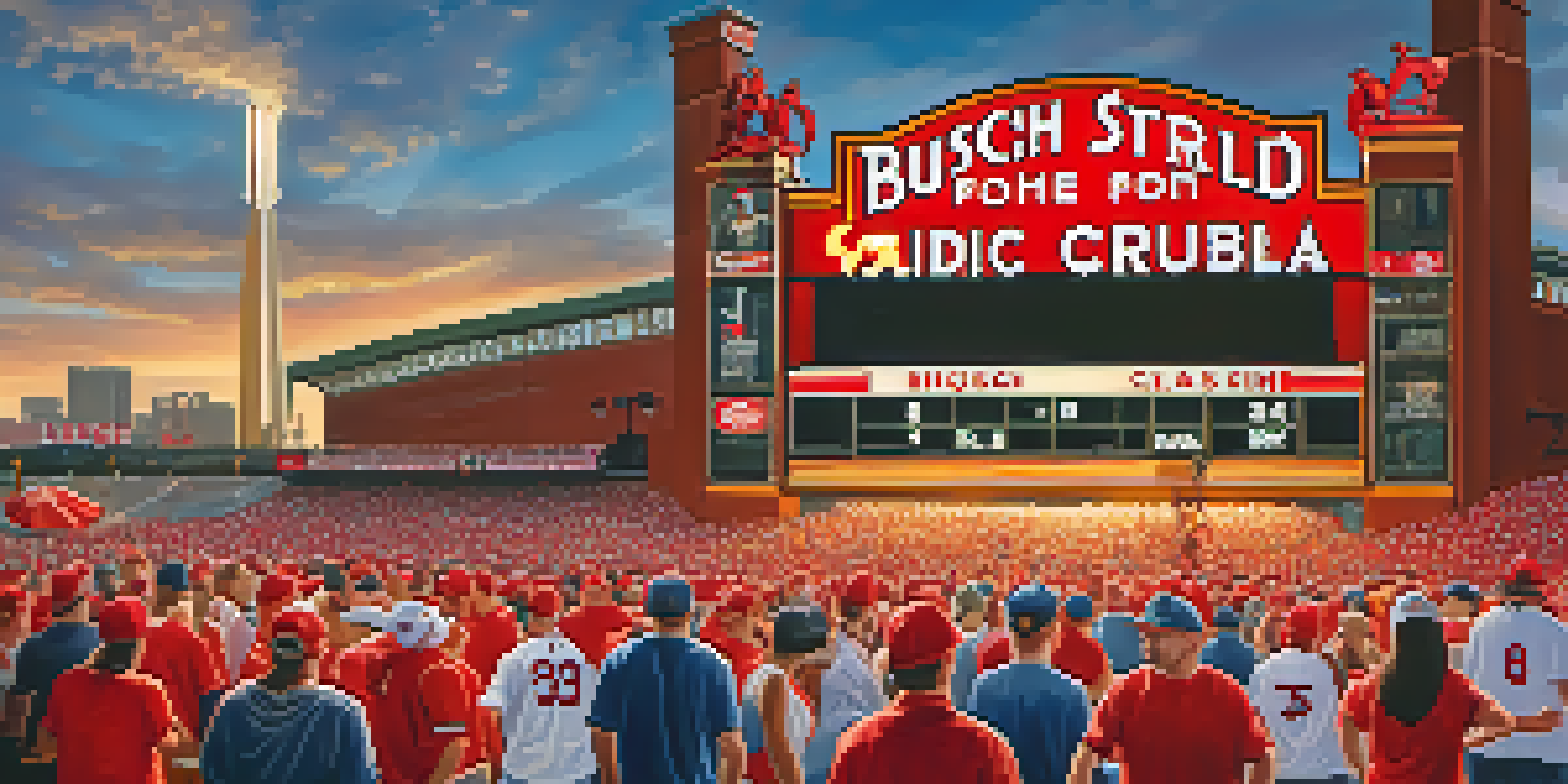 A lively outdoor scene at Busch Stadium filled with fans wearing St. Louis Cardinals merchandise, with the stadium and the arch in the background during sunset.