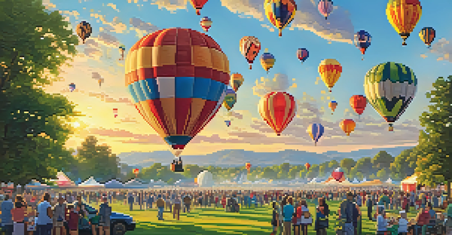 A colorful display of hot air balloons in the sky over a park, with spectators watching and enjoying the festive atmosphere.