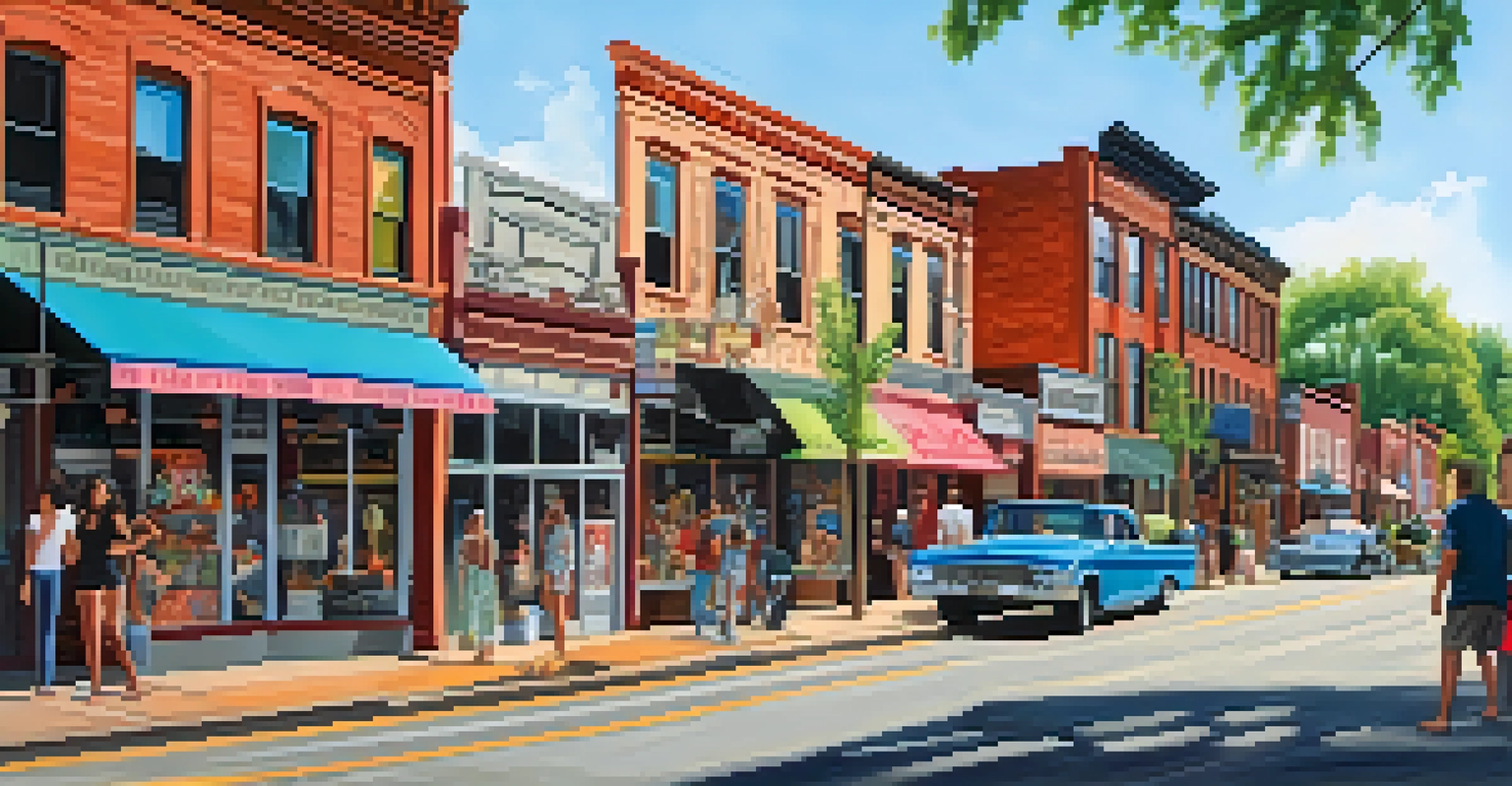 A vibrant street scene on Cherokee Street, highlighting eclectic shops and colorful murals, filled with people enjoying the artistic atmosphere.