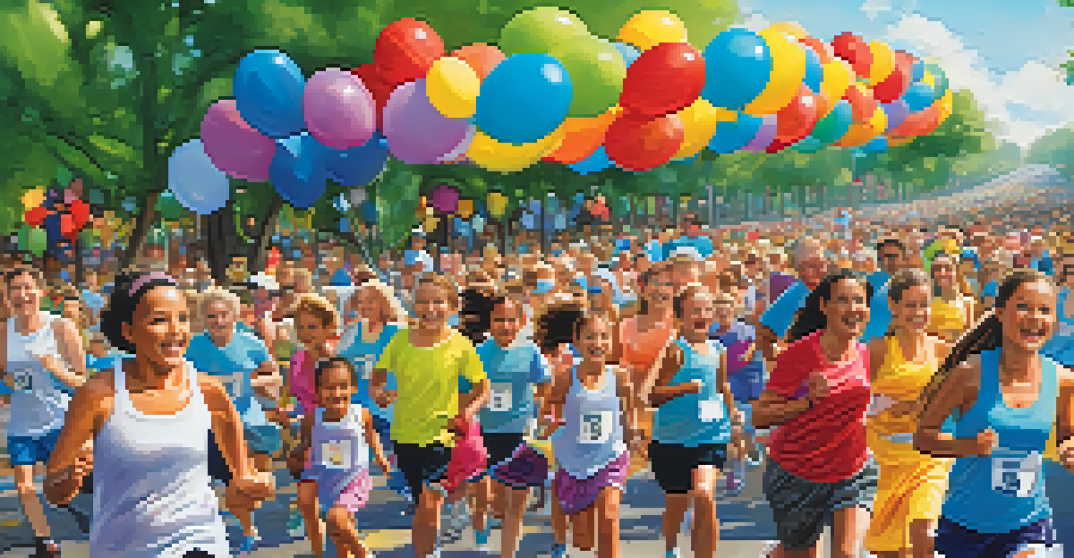 Families participating in a colorful 5K fun run in a St. Louis park, with balloons and a clear blue sky.