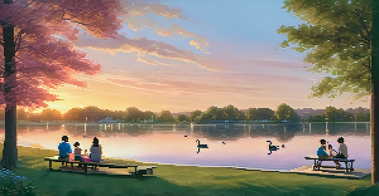 A tranquil lake at sunset with families paddle boating and a child feeding ducks.