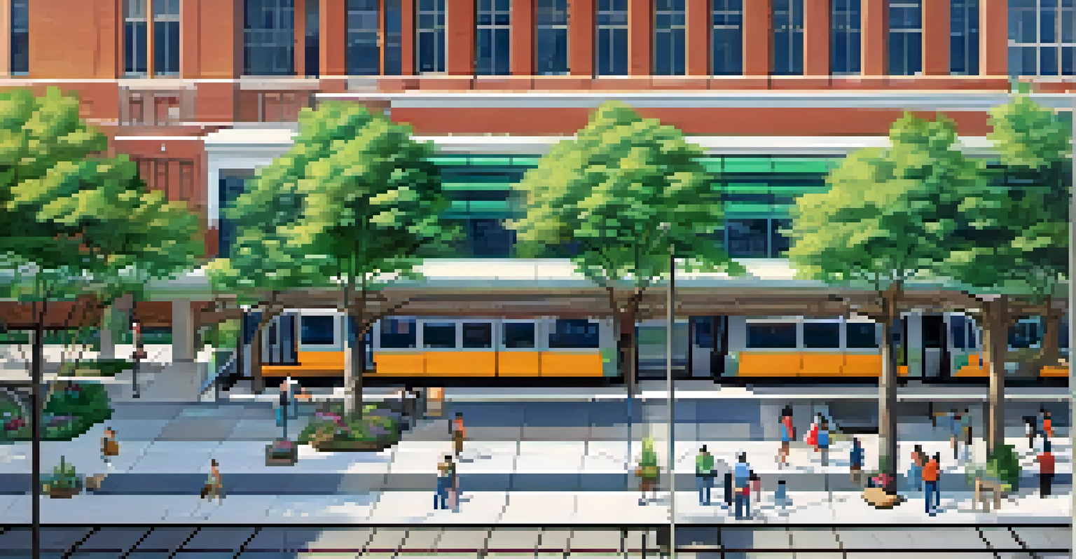Aerial view of a light rail station in St. Louis with passengers and greenery.