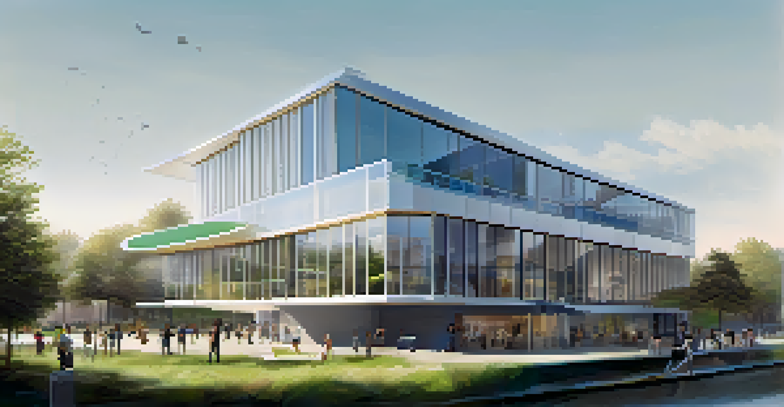 A contemporary building reflecting Louis Sullivan's design philosophy, featuring a minimalist style, green roofs, and community engagement under a blue sky.