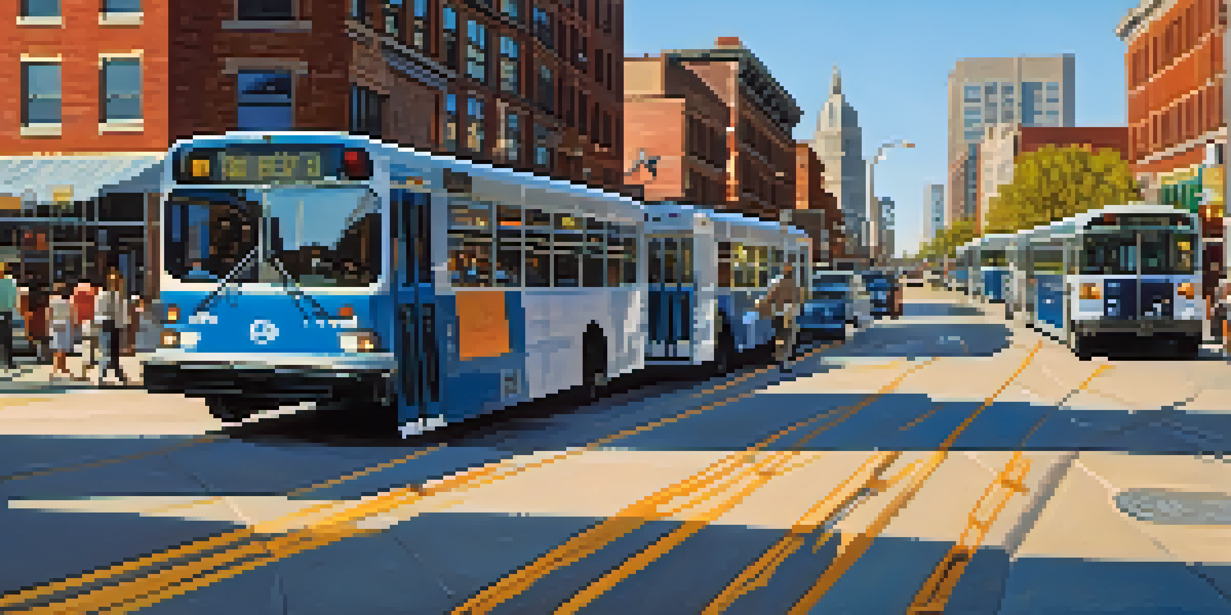 A busy city street in St. Louis filled with commuters, buses, and cars under a clear blue sky.