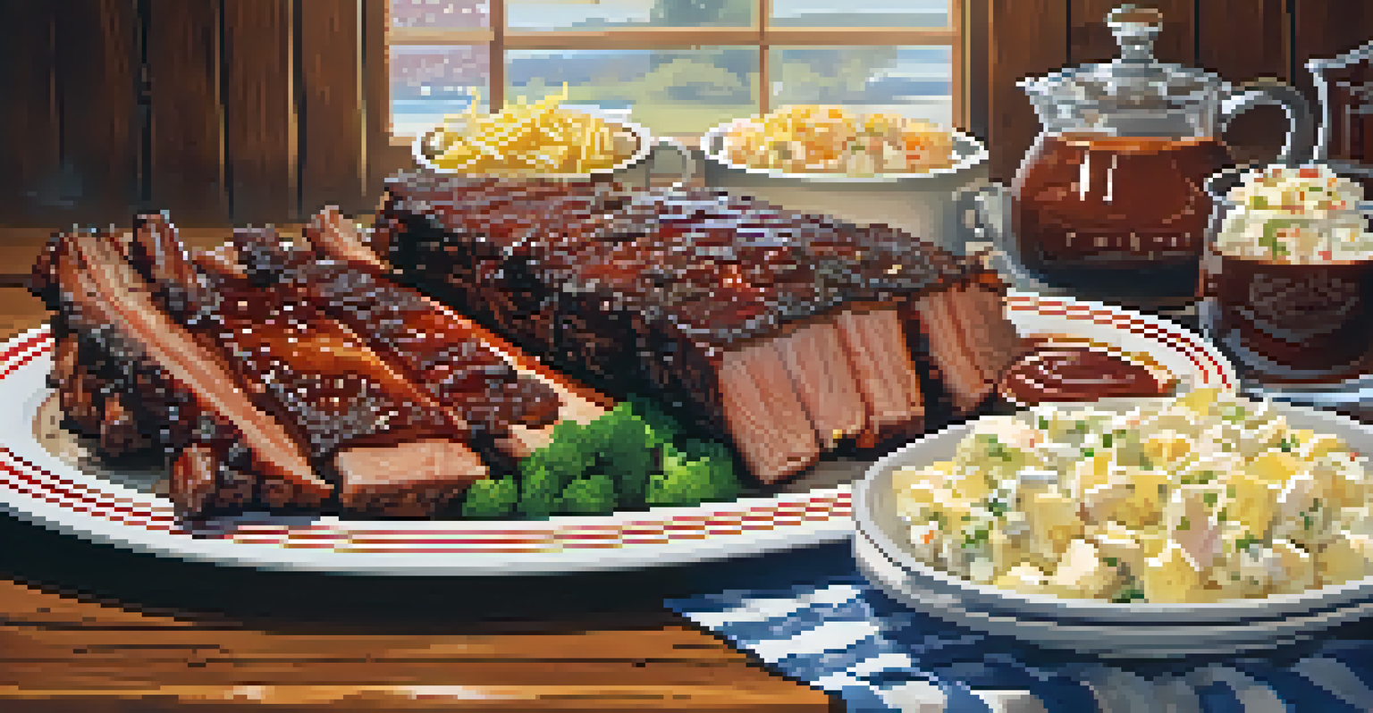 A platter of St. Louis-style BBQ ribs with sides of potato salad and coleslaw on a rustic table.
