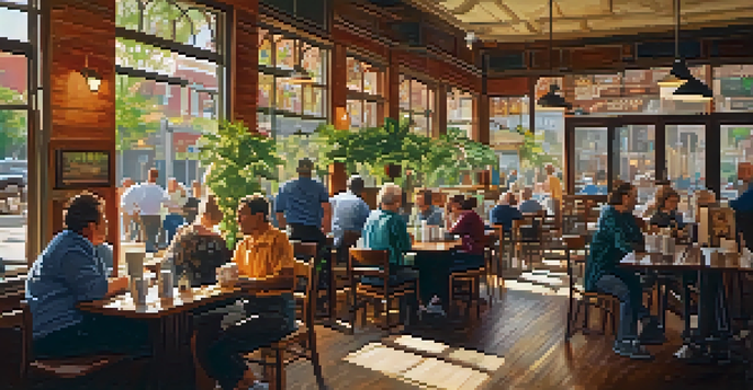 A vibrant coffee shop scene with people chatting and enjoying drinks, illuminated by sunlight filtering through windows.